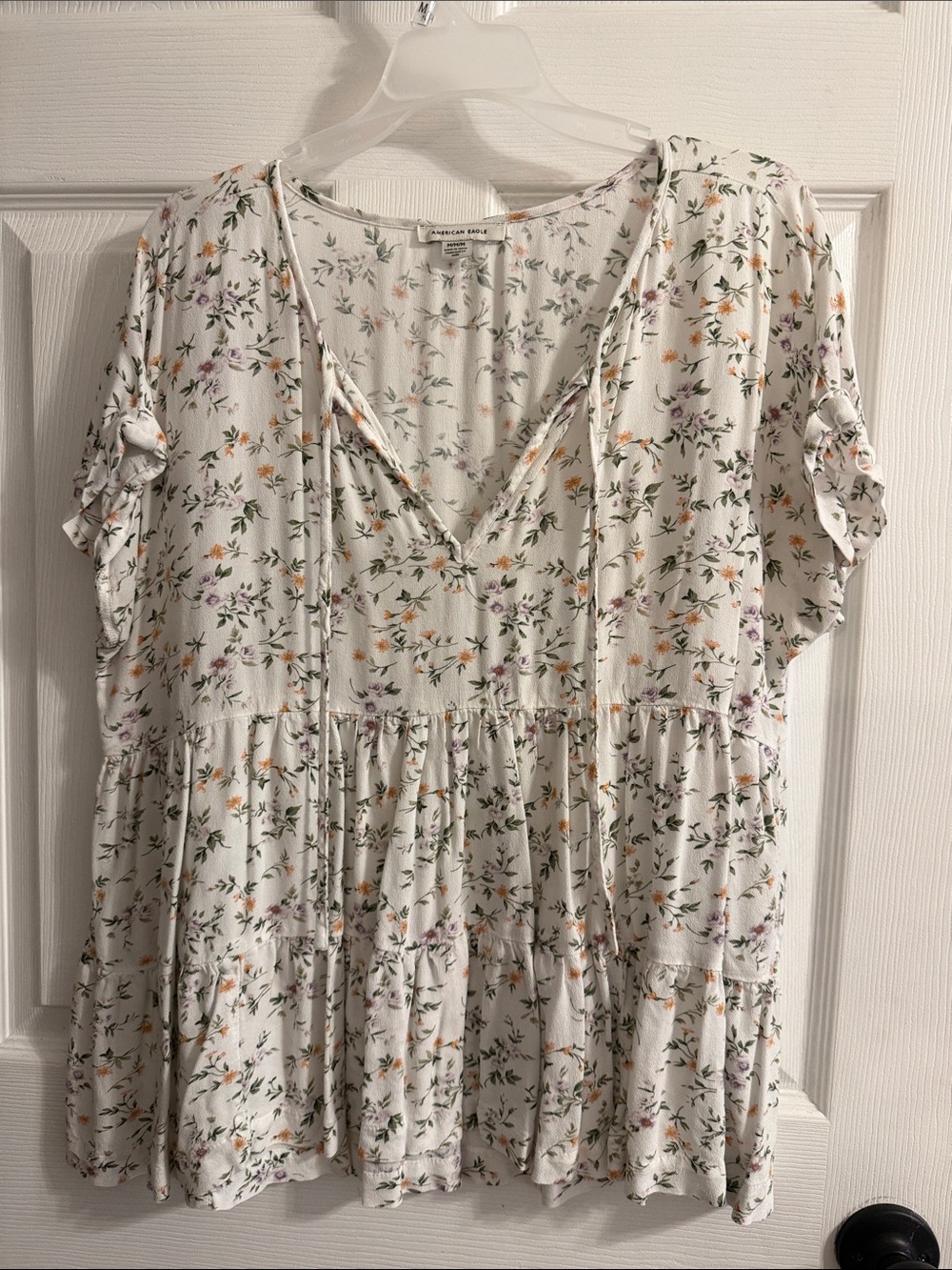 American Eagle Outfitters White Floral Tie-Front Peplum Tunic